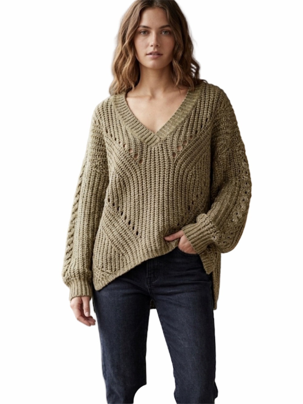 Pol Oversized V-Neck Chunky Knit Sweater Green White Open Stitch Cozy medium